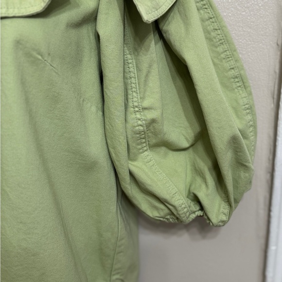 NWT - A Loves A - Denim Neck Tie 3/4 Puffed Sleeve Pleated Shoulder Top - Green - Picture 5 of 7